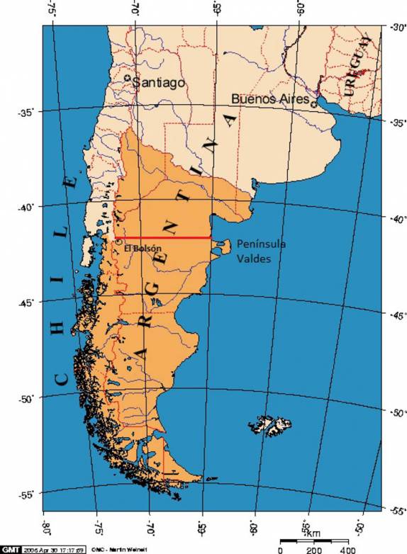 Mapa da Patagônia, ocupando boa parte da Argentina e do Chile. Mas é apenas ao sul da linha vermelha onde está El Bolsón que o combustível passa a ser subsidiado pelo governo